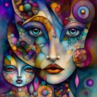 Colorful surreal portrait featuring two faces with abstract and whimsical details