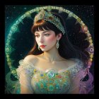 Digital art portrait of woman with ornate crown, sparkling jewelry, and celestial-themed background.