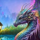 Colorful Dragon with Iridescent Scales on Blue Background