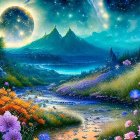Fantasy landscape with crescent moon, starry sky, mountains, river & colorful flowers