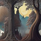 Detailed forest scene with large moon and solitary figure