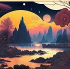 Majestic otherworldly landscape with purple and orange sky, serene lake, exotic flora, distant
