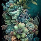 Vibrant Succulent Illustration with Luminous Teal and Green Colors