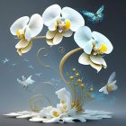 3D illustration of white and gold orchids with butterflies and birds on a fantasy background