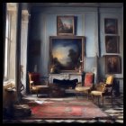 Classical paintings, ornate furniture, fireplace, mirror, red rug, tall windows - Elegant Room