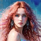 Digital artwork: Woman with pink hair and blue eyes on celestial blue background