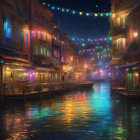 Venice canal night scene with hanging lights and illuminated buildings.