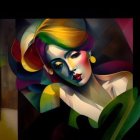 Colorful abstract portrait of woman with vibrant hair and bold makeup on dark backdrop