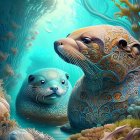 Ornate seal-like creatures in underwater fantasy illustration