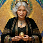 Elderly woman with gray hair holding golden orb in front of mandala pattern