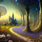 Luminescent Trees, Winding Path, Castle, Starry Sky, Purple Flowers