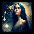 Portrait of Woman with Blue Hair on Starry Background