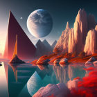 Vibrant red mountains, blue lake, colorful foliage, and large moon in twilight sky.