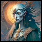 Mystical elven character with sharp ears and ornate headwear in golden and blue tones