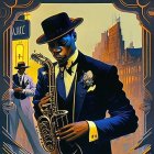 Illustration of stylish man playing saxophone in urban setting