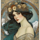 Art Nouveau portrait: Woman with teal hair, floral adornments, snowy mountains.