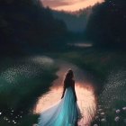 Woman in glowing dress by water path in twilight forest with luminous particles and vibrant sky.