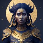 Fantasy character with blue skin in gold and blue armor with crescent moon horns on starry backdrop