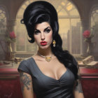 Stylized portrait of woman with updo, gray dress, tattoos, in room with roses.