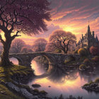 Fantasy sunset landscape with castle, stone bridge, river, and dramatic clouds