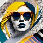 Colorful portrait of woman with blue skin and geometric patterns