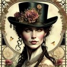 Illustrated woman in steampunk top hat with roses and gears, intricate background patterns