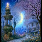Nighttime fantasy landscape with glowing tower, crescent moon, and castle.