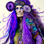 Colorful Elderly Mystic Figure with Purple Tentacle-Like Hair and Shell Adornments