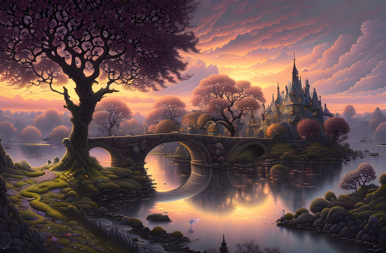 Fantasy sunset landscape with castle, stone bridge, river, and dramatic clouds