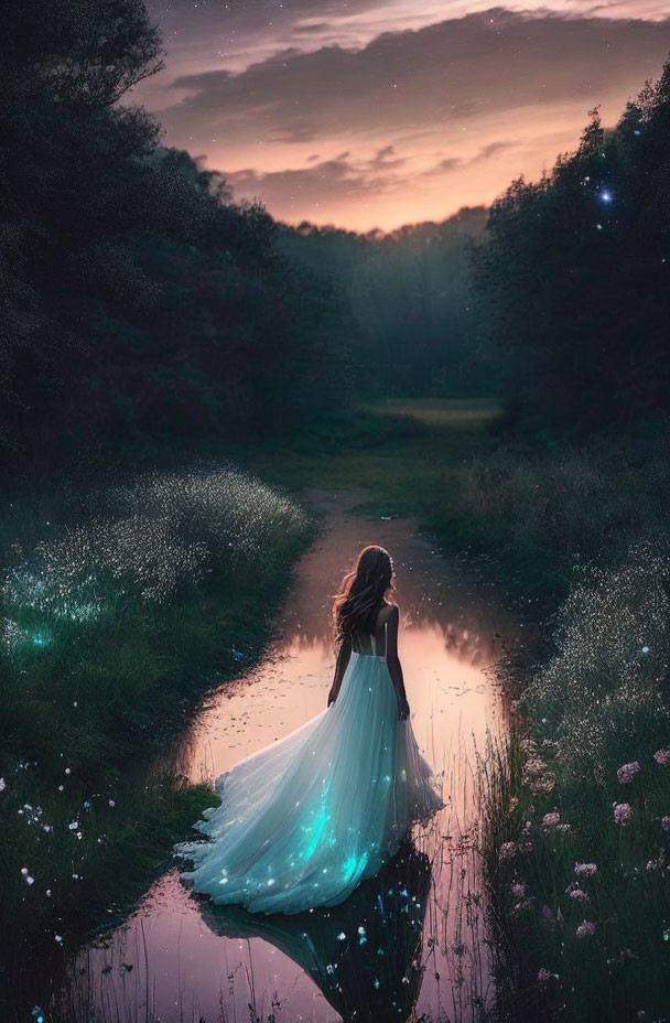 Woman in glowing dress by water path in twilight forest with luminous particles and vibrant sky.