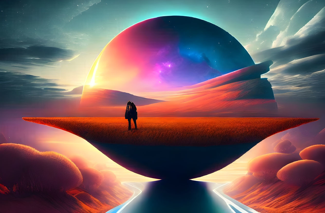 Silhouette of a person on floating island with surreal landscapes under cosmic sky