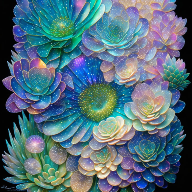 Colorful Cosmic Succulent Cluster Painting on Dark Background