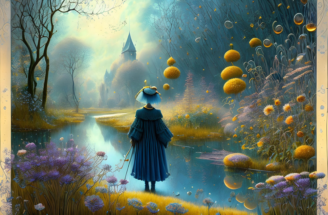 Mystical twilight scene with person in blue cloak by serene river