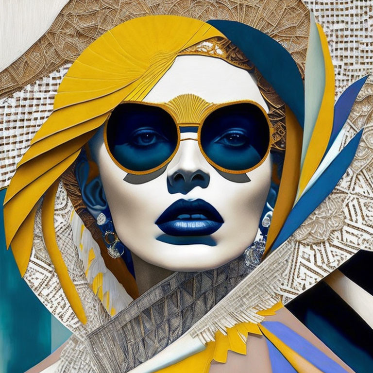 Colorful portrait of woman with blue skin and geometric patterns