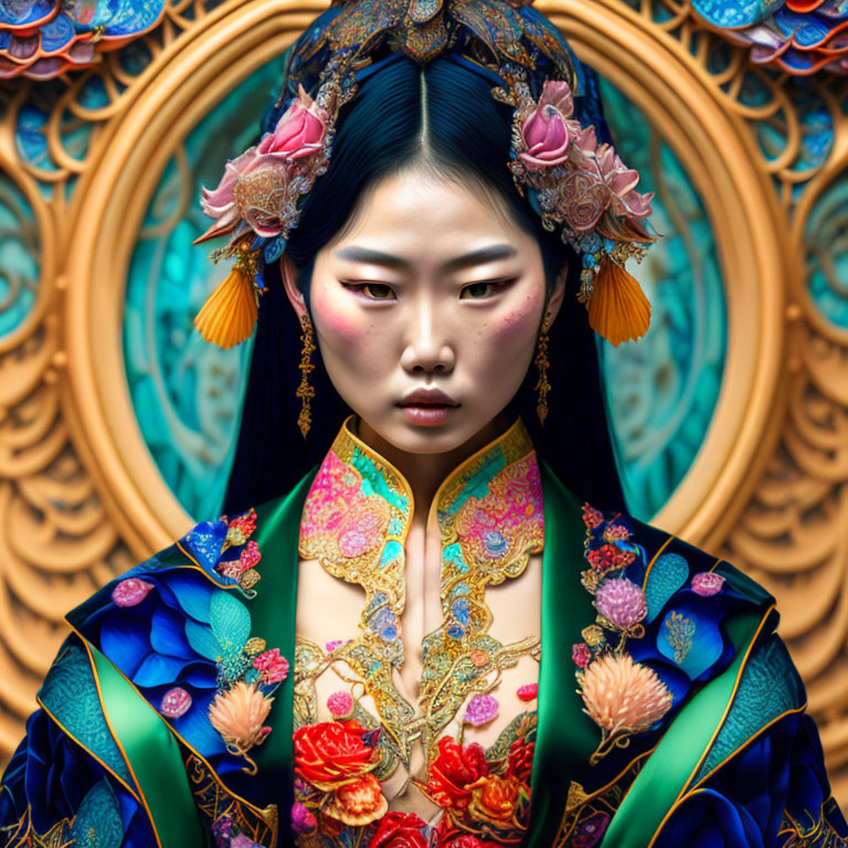Traditional Asian makeup on woman with ornate headdress and robe against intricate background