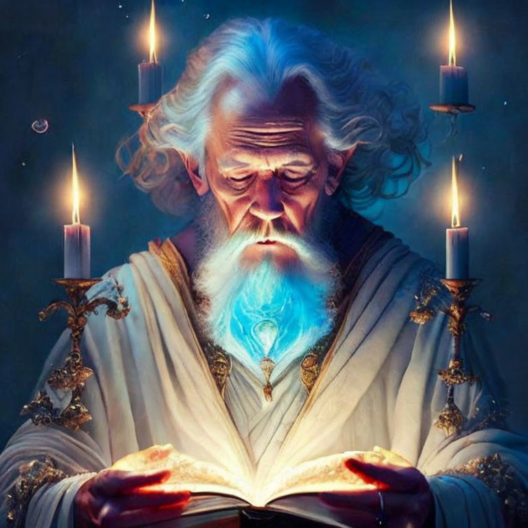 Elderly wizard with long white beard gazes at glowing magical orb and open book