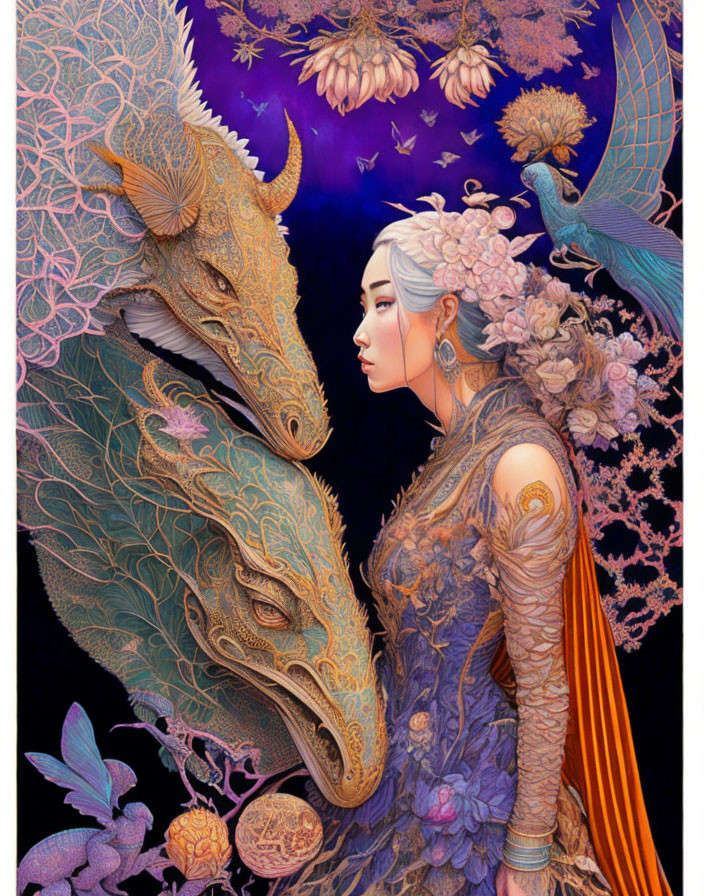 Detailed illustration of woman, dragon, bird, and flowers under starry sky