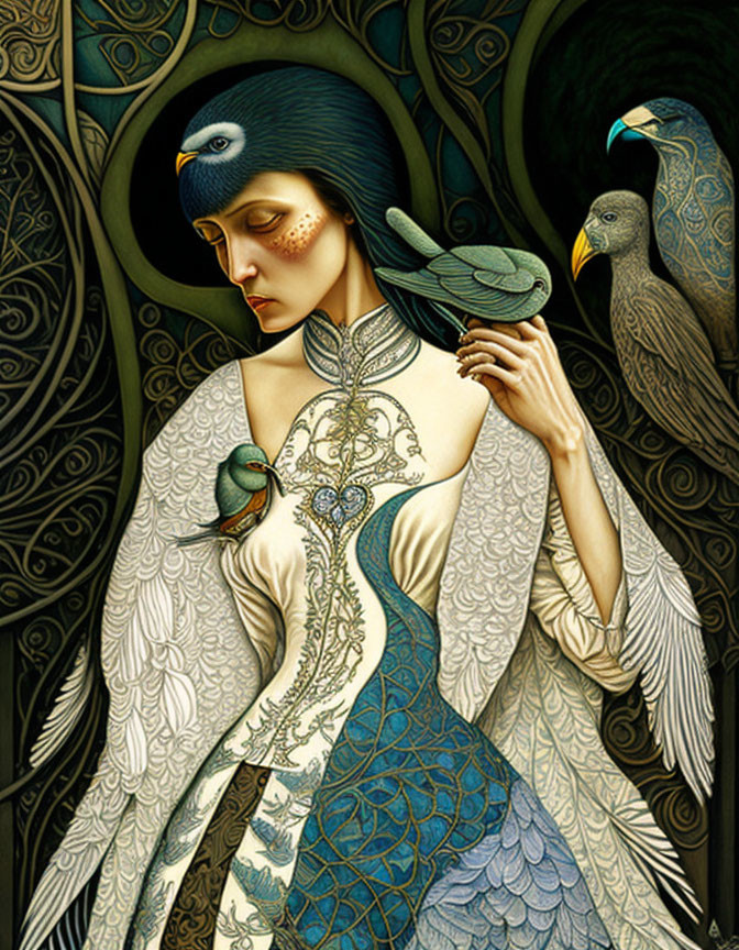 Art Nouveau style illustration of woman with feathers and birds, intricate patterns, peacock motif