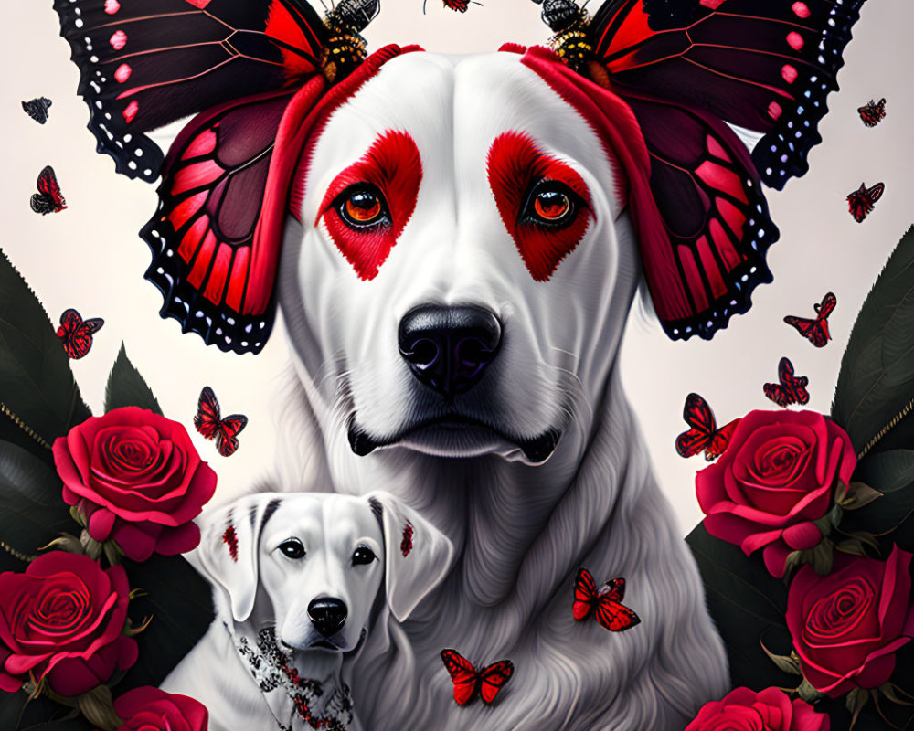 Digital Artwork: Two Dogs with Butterfly Wings Surrounded by Roses and Butterflies