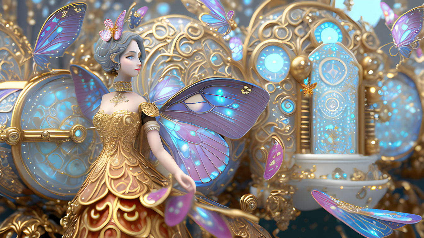 Digital artwork: Fairy in golden attire with iridescent wings, surrounded by clocks and butterflies.