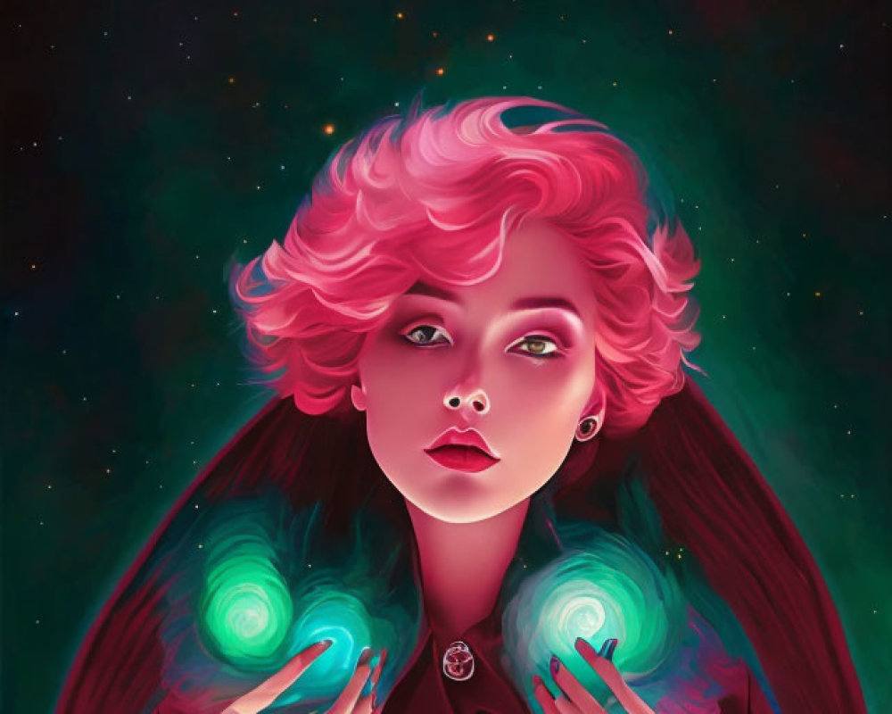 Stylized portrait of woman with pink hair and green orbs on cosmic backdrop