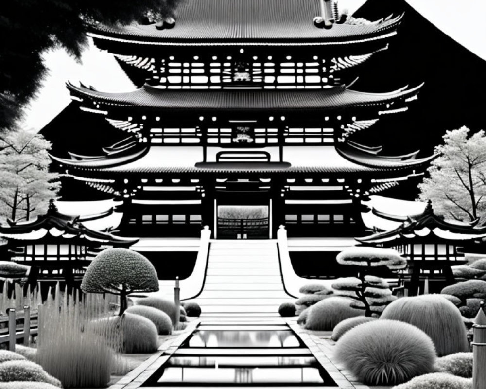 Symmetrical Black and White Photo of Traditional Japanese Temple