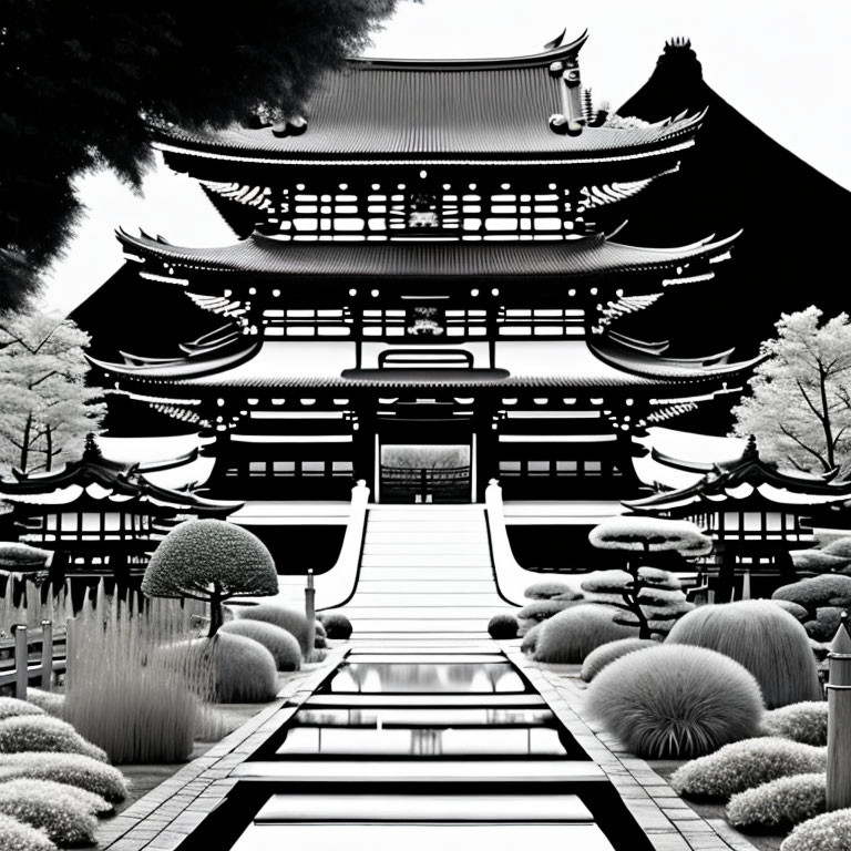 Symmetrical Black and White Photo of Traditional Japanese Temple