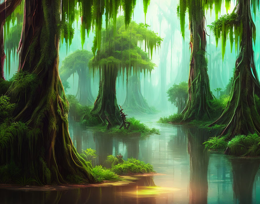 Mystical forest with towering trees, serene river, and solitary figure crossing.