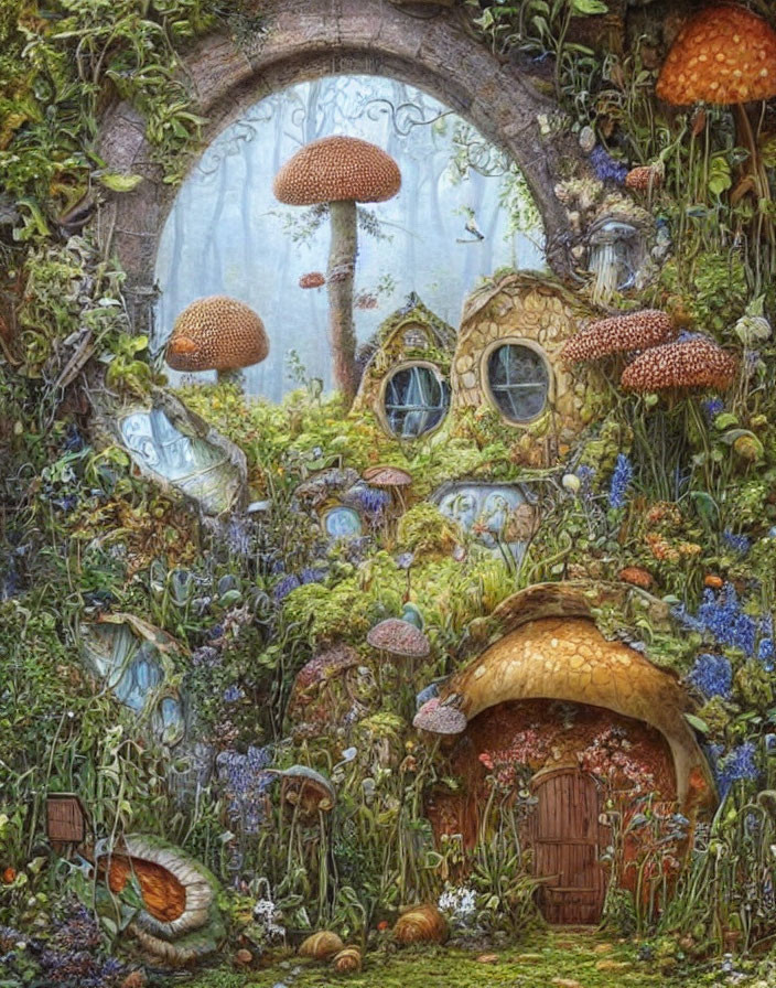 Illustration of fairy-tale mushroom house in lush garden with pond.