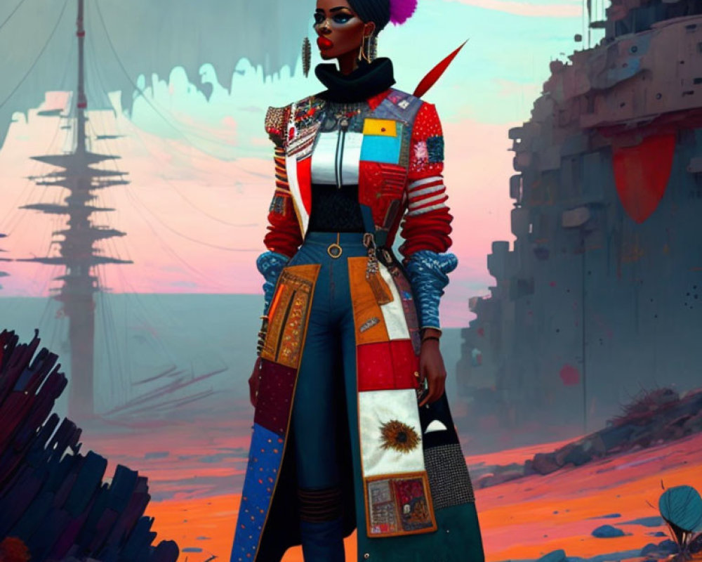 Futuristic woman in patchwork coat in dystopian landscape