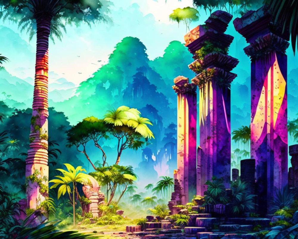 Digital artwork of ancient jungle temple with towering pillars