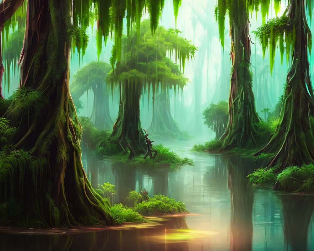 Mystical forest with towering trees, serene river, and solitary figure crossing.