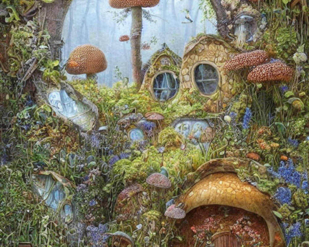 Illustration of fairy-tale mushroom house in lush garden with pond.