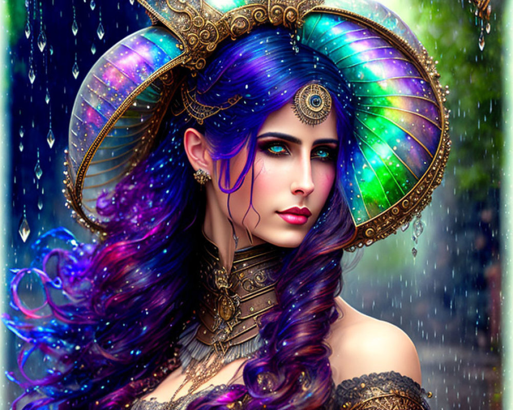 Vibrant blue-purple hair woman with peacock feather headdress in rain